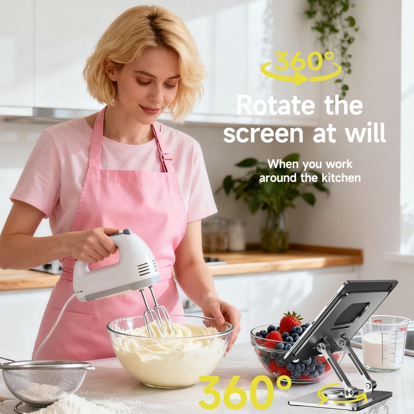 iPad Holder Stand, Tablet Holder with Thickened 360° Rotating Base Dual Rod Adjustable Aluminum Stand for All 4-12.9’’ iPad Surface Samsung Phone Tablet Kindle E-Reader and More, Silver