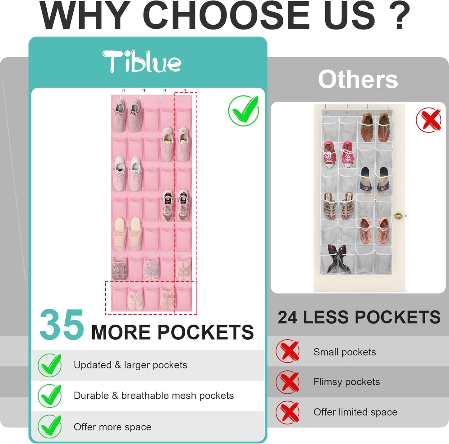 Tiblue Over The Door Shoe Organizers Pink with 35 Mesh Pockets Baby Organizer Storage Hanging Shoe Organizer Shoe Holder Rack For Toddler Girl Room Baby Room Craft Room Bedroom Pantry Bathroom Closet