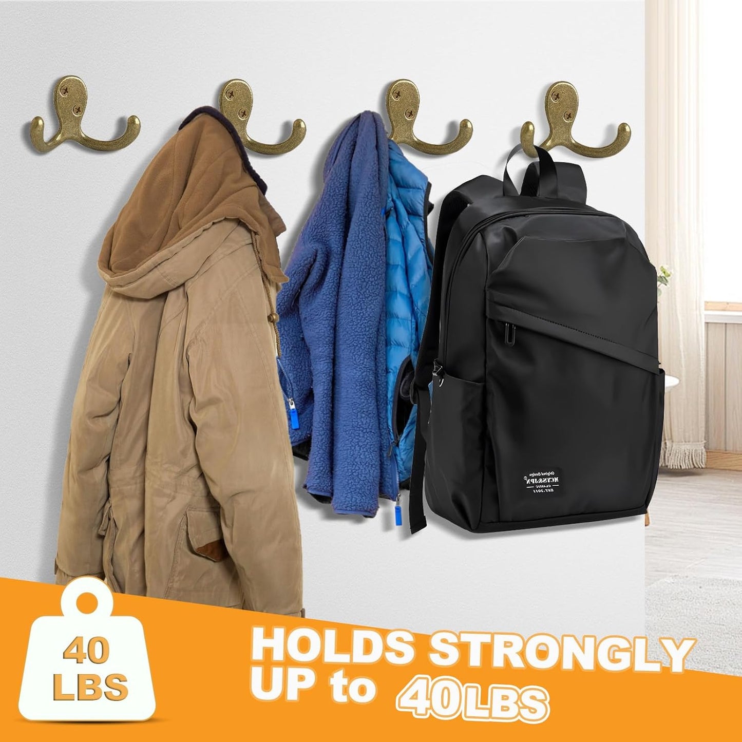 20 Pack Coat Hooks Wall Hooks for Hanging, Heavy Duty Double Prong Metal Hook Wall Mounted for Living Room, Bathroom, Kitchen, Bedroom for Coat, Bag, Scarf, Towel, Hat, Key, Cup (Bronze)