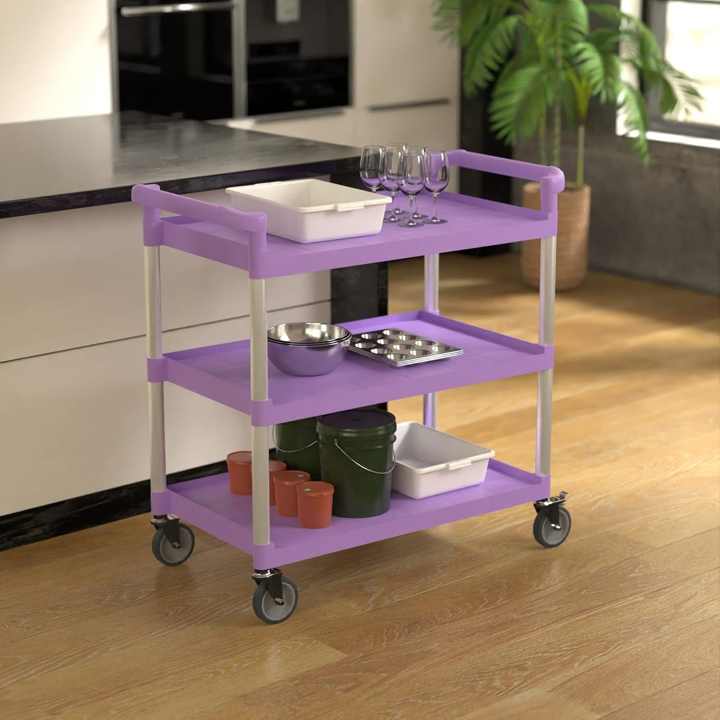 Purple Utility/Bussing Cart with Three Shelves - 42" x 20"