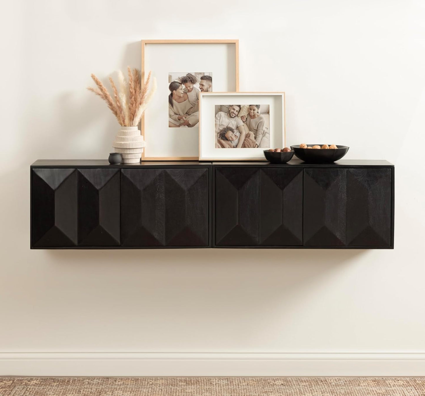 Kate and Laurel Ranier Modern Wooden Two-Door Wall Cabinet, 30 x 10 x 14, Black, Decorative Storage Cabinet with Dimensional Face for Use as Floating Nightstand or Floating TV Shelf
