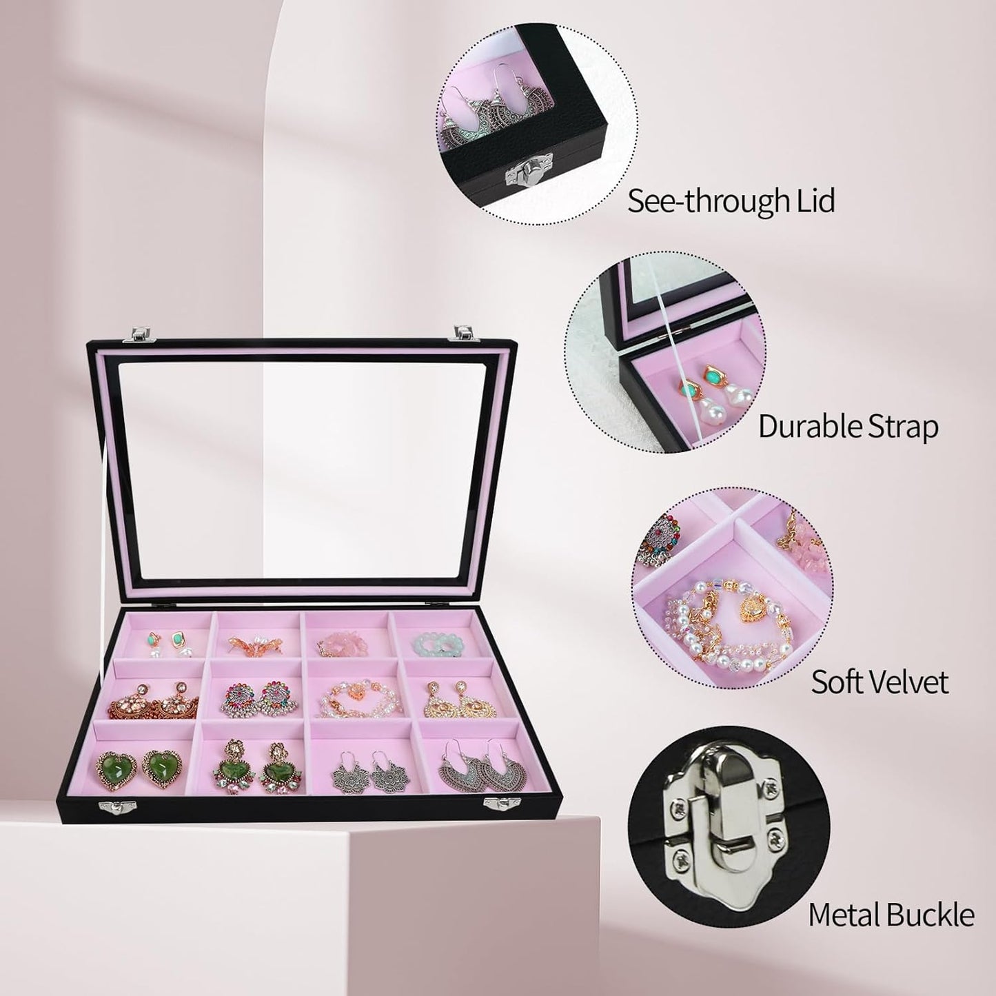 Stratalife Jewelry Organizer Bracelet Earring Holder Organizer Jewelry Drawer Storage Anti Tarnish Bangle Ring Holder Box for Women Girls 12 Grid (Pink Black)