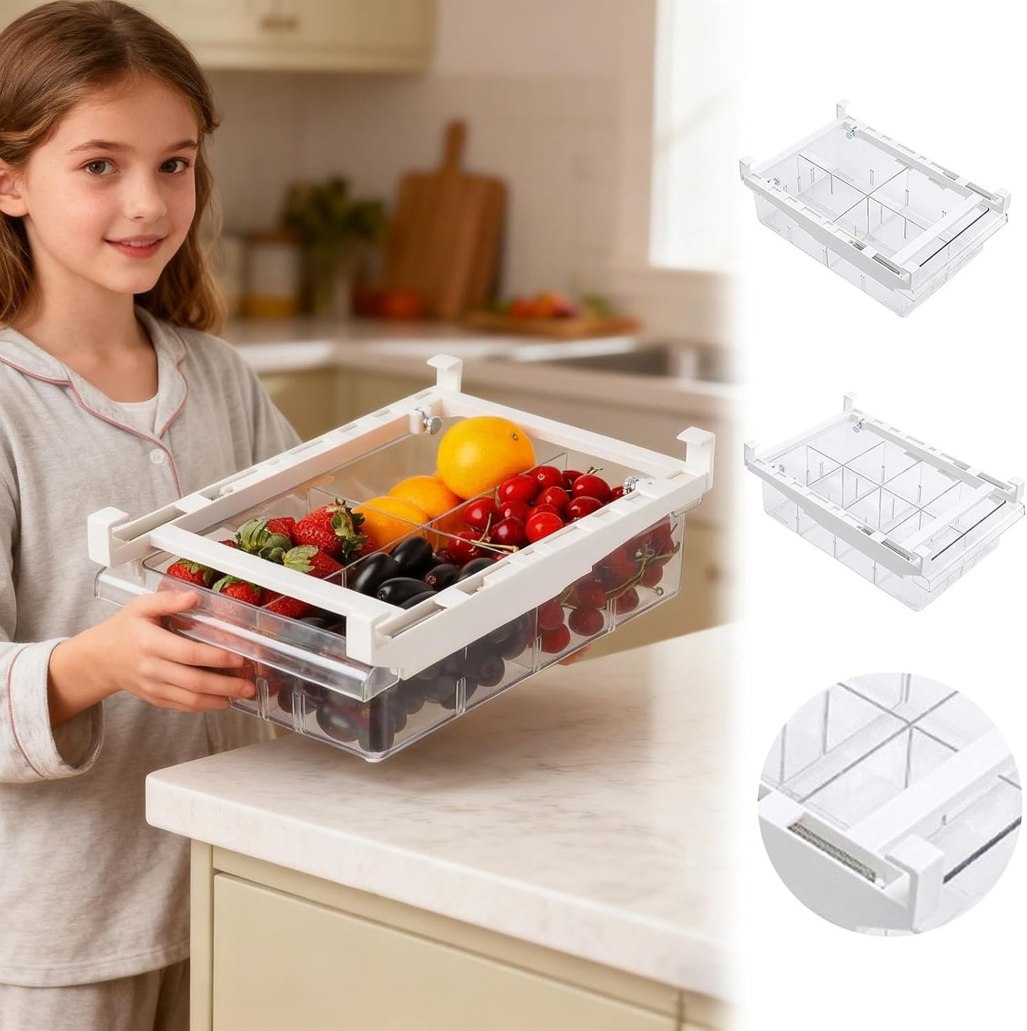 Fridge Drawer Organizer, Refrigerator Organizer Bins, Pull Out with Handle, fridge drawer organizer for Deli Meat, Cheese, Produce and More, Stretchable and Deep Storage (White)