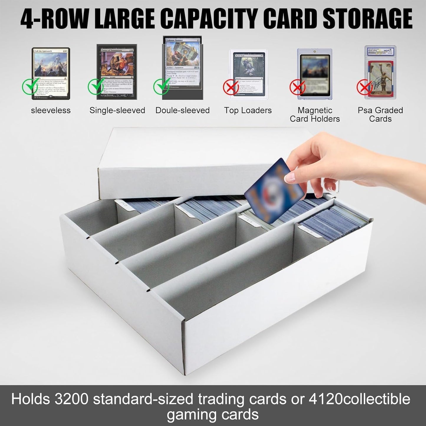 4 Pack Sports Card Boxes 3200 Count Cardboard Card Storage Box White Bulk Card Storage Boxs with Card Supporter Dividers Cards Storage Box for Card Game Card Boxes