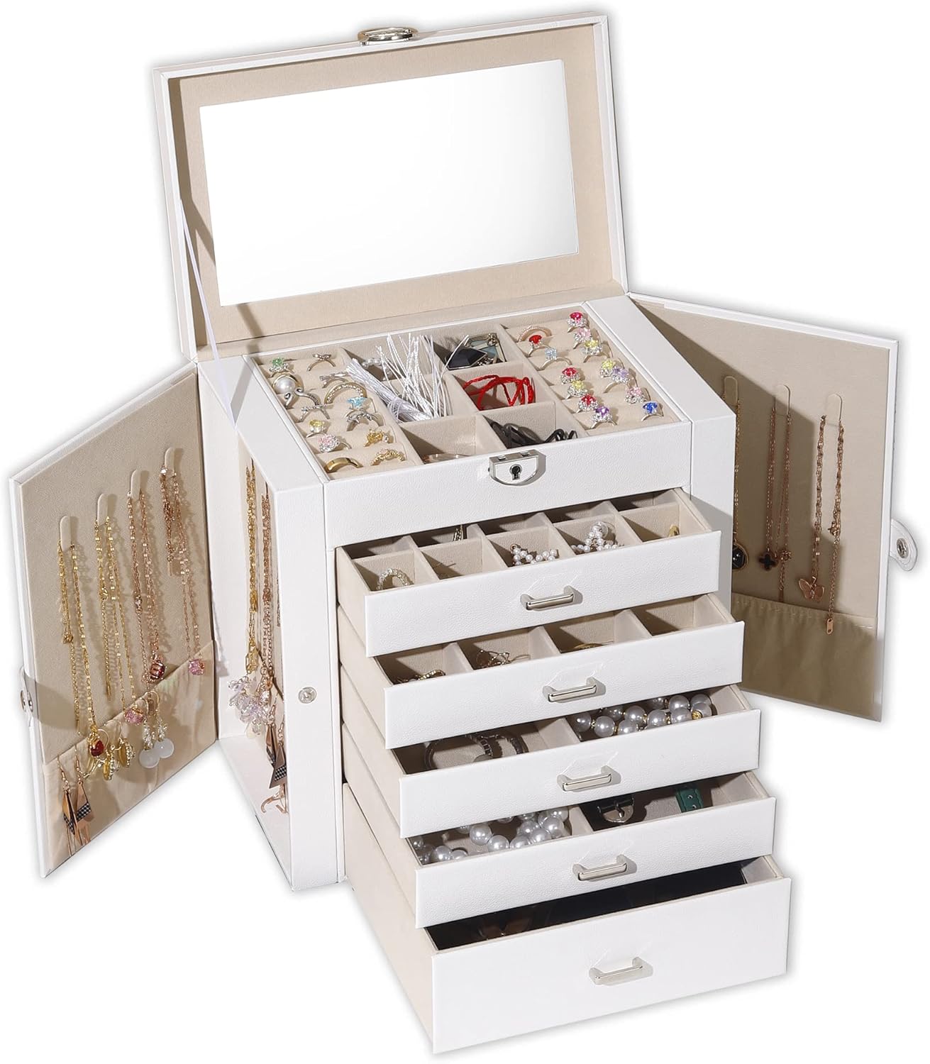 BOOVO Jewelry Box For women, 6 Layer Large Jewelry Organizer With Mirror, Multi-Function Storage Box With Lock, Accessory Holder With 5 Drawers, For Earrings Necklace Ring Bracelet (White)