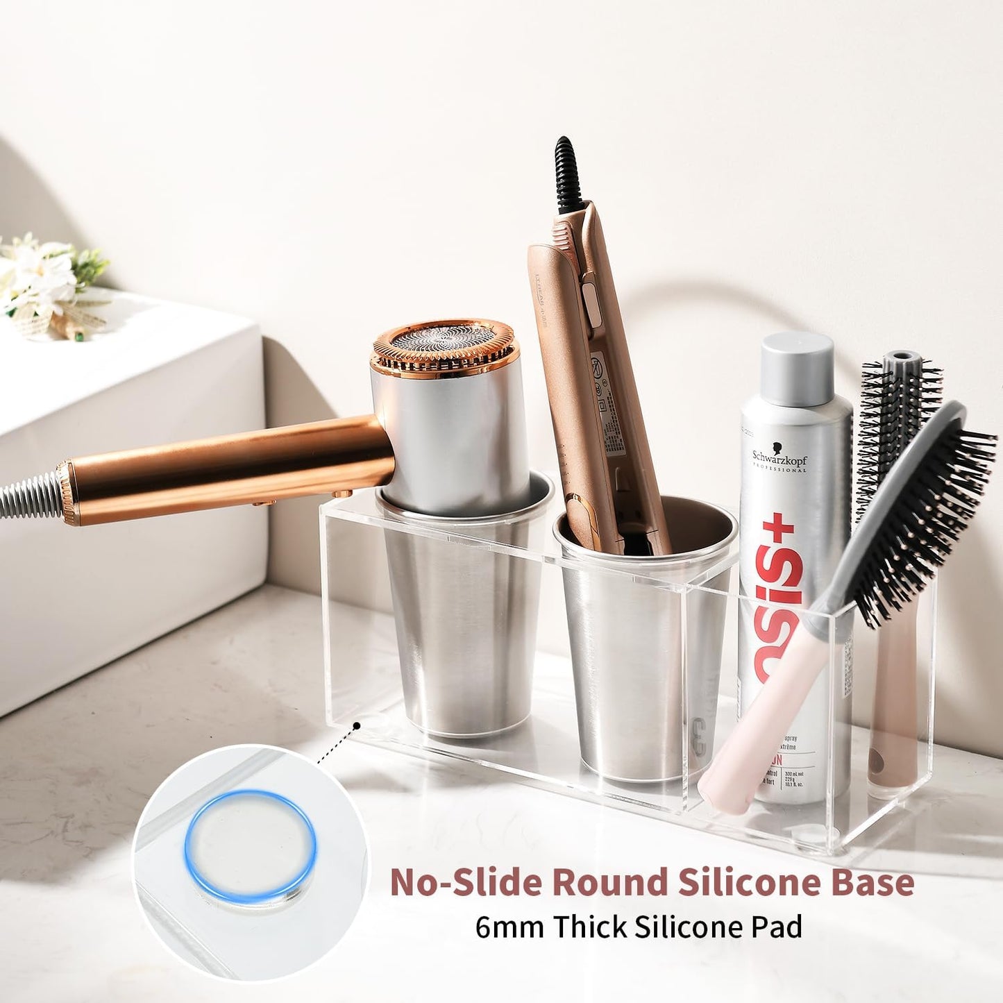 Hair Tool Organizer, Acrylic Hot Tools Organizer with 2 Stainless Steel Cups, Hair Tool Holder Wall Mount & Countertop for Dryer, Curling Iron & Brushes for Bathroom Vanity CHOCHOYAH
