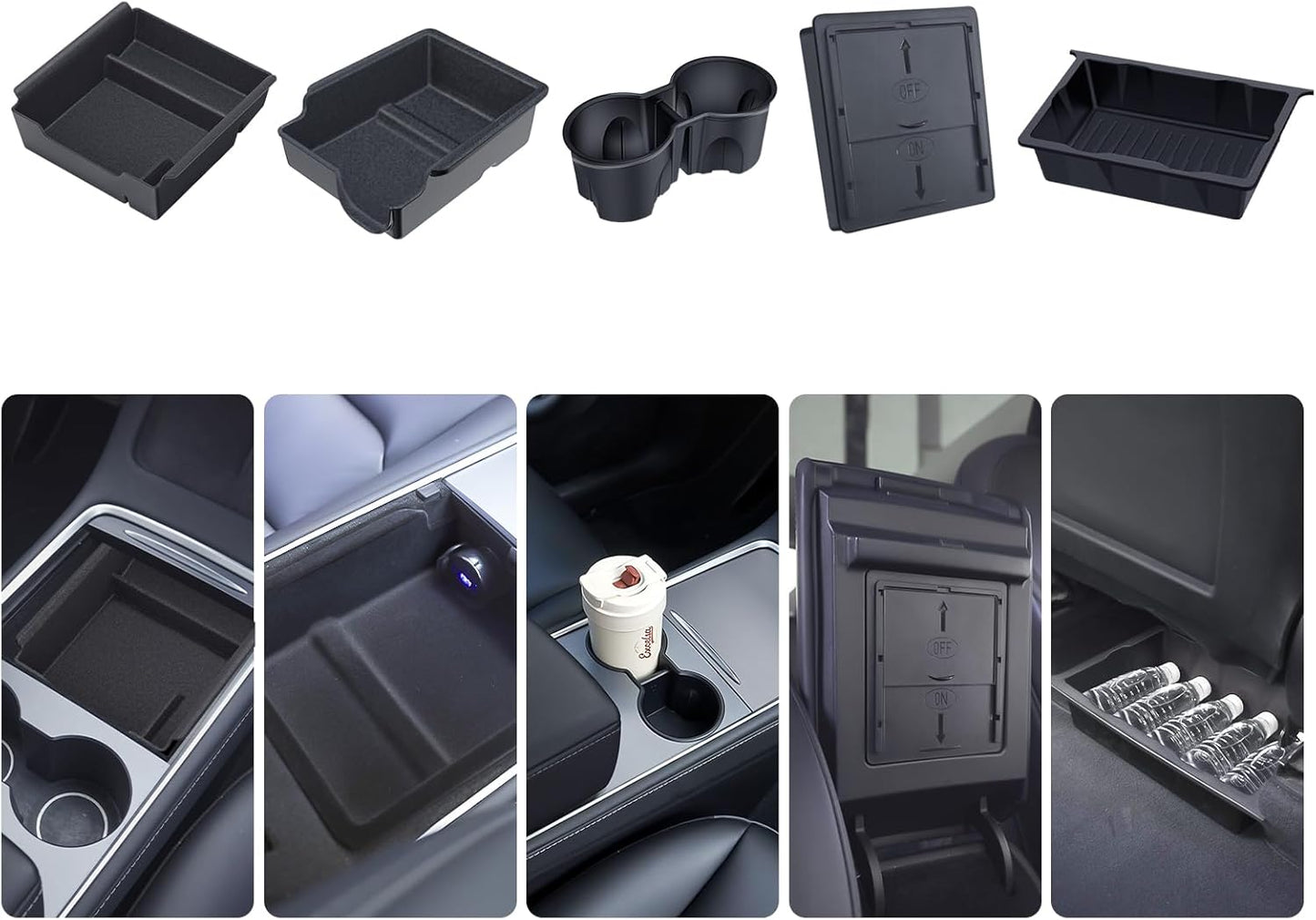 Center Console Organizer Tray 5PCS for Tesla Model Y Accessories 2024-2020(Not Fit 2024 2025 Model Y Juniper) Armrest Storage Tray, Hidden Storage Box, Cup Holder Insert, Under Seat Storage Box