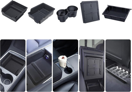 Center Console Organizer Tray 5PCS for Tesla Model Y Accessories 2024-2020(Not Fit 2024 2025 Model Y Juniper) Armrest Storage Tray, Hidden Storage Box, Cup Holder Insert, Under Seat Storage Box