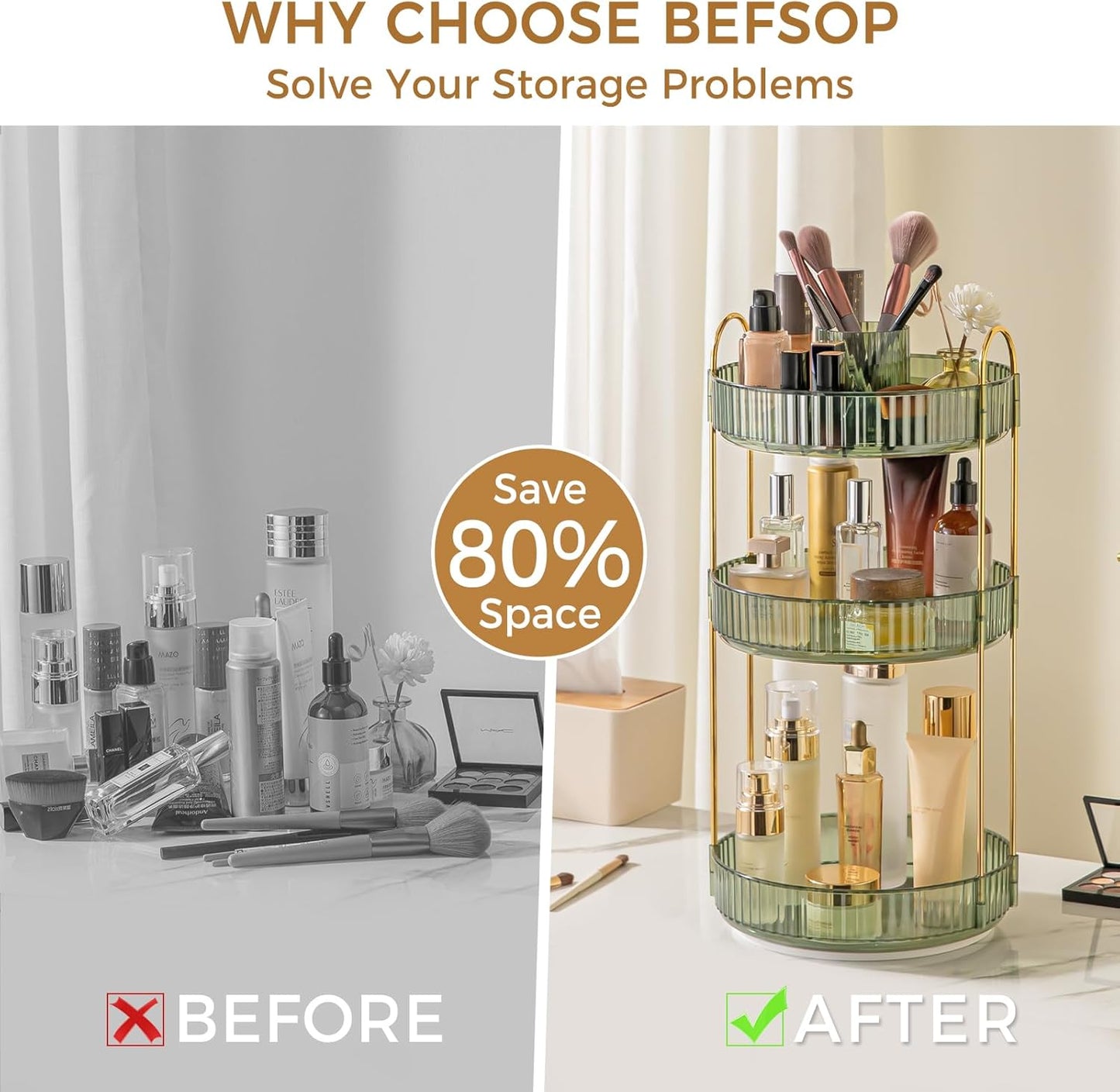 360° Rotating Makeup Organizer, Upgraded 3 Tier Skincare Perfume Organizers for Women, Bathroom Organizer Countertop, Clear Cosmetic Dresser Organizer with Makeup Brush Holder, Sink&Counter (Green)