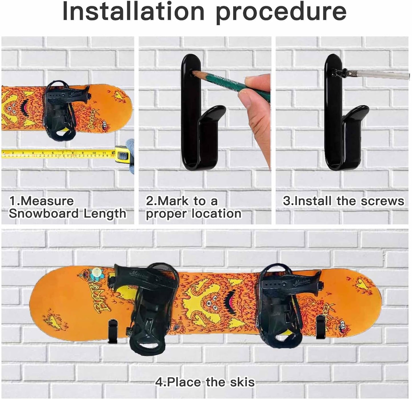 Snowboard Wall Mount & Skateboard Display Rack - Horizontal Hanger Clips for Snowboards, Longboards, Skateboards - Space Saving Storage Solution for Garage, Bedroom, Living Room (Black, 4 PCS)