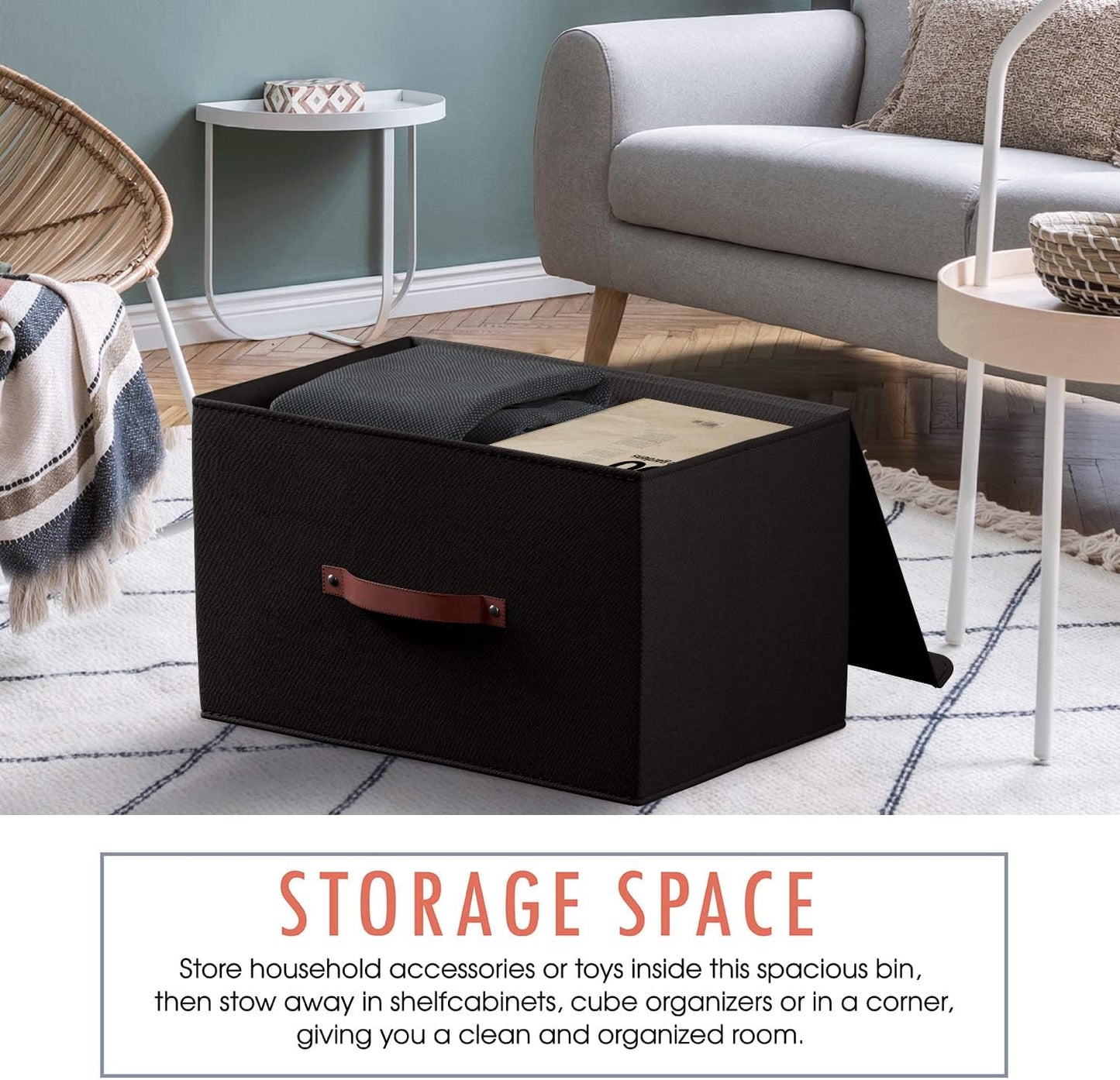 Ornavo Home 6 Pack Collapsible Storage Bins with Lid, Foldable Linen Fabric Shelf Storage Basket Closet Organizer and Large Storage Box for Clothes with Leather Handles, 15 x 10 x 9, Black