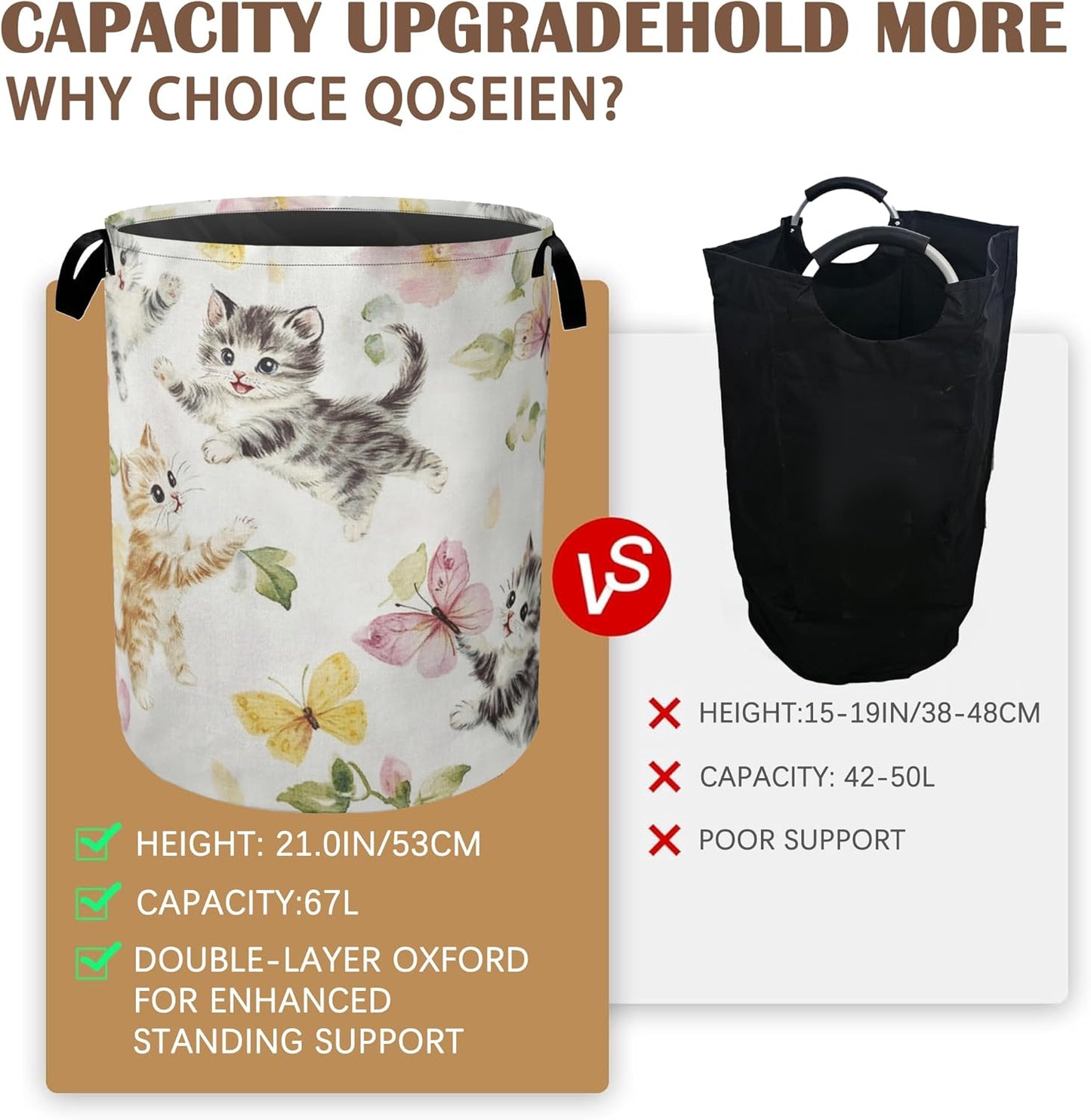 Cute Cats Laundry Hamper,Collapsible Laundry Baskets,Butterfly Floral Dirty Clothes Baskets with Handles,Oxford Cloth Hamper for Bedroom,Bathroom,College Dorms, 16"x20"