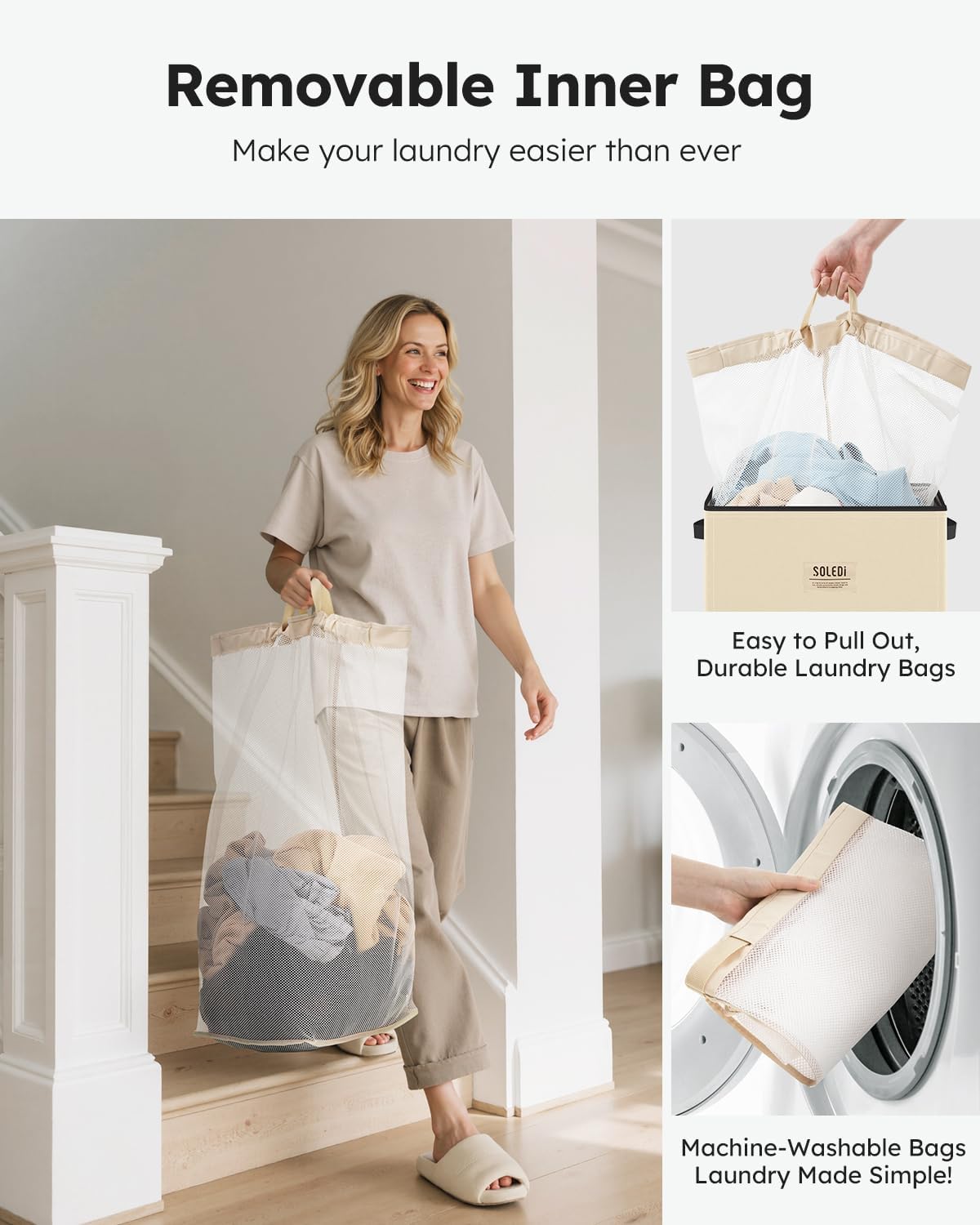 SOLEDI Laundry Hamper with Lid 100L Large & Tall Collapsible Laundry Basket, Clothes Hamper with Bag Removable Easy to Carry, Dirty Hampers for Bedroom, Bathroom, Dorm, College, Beige