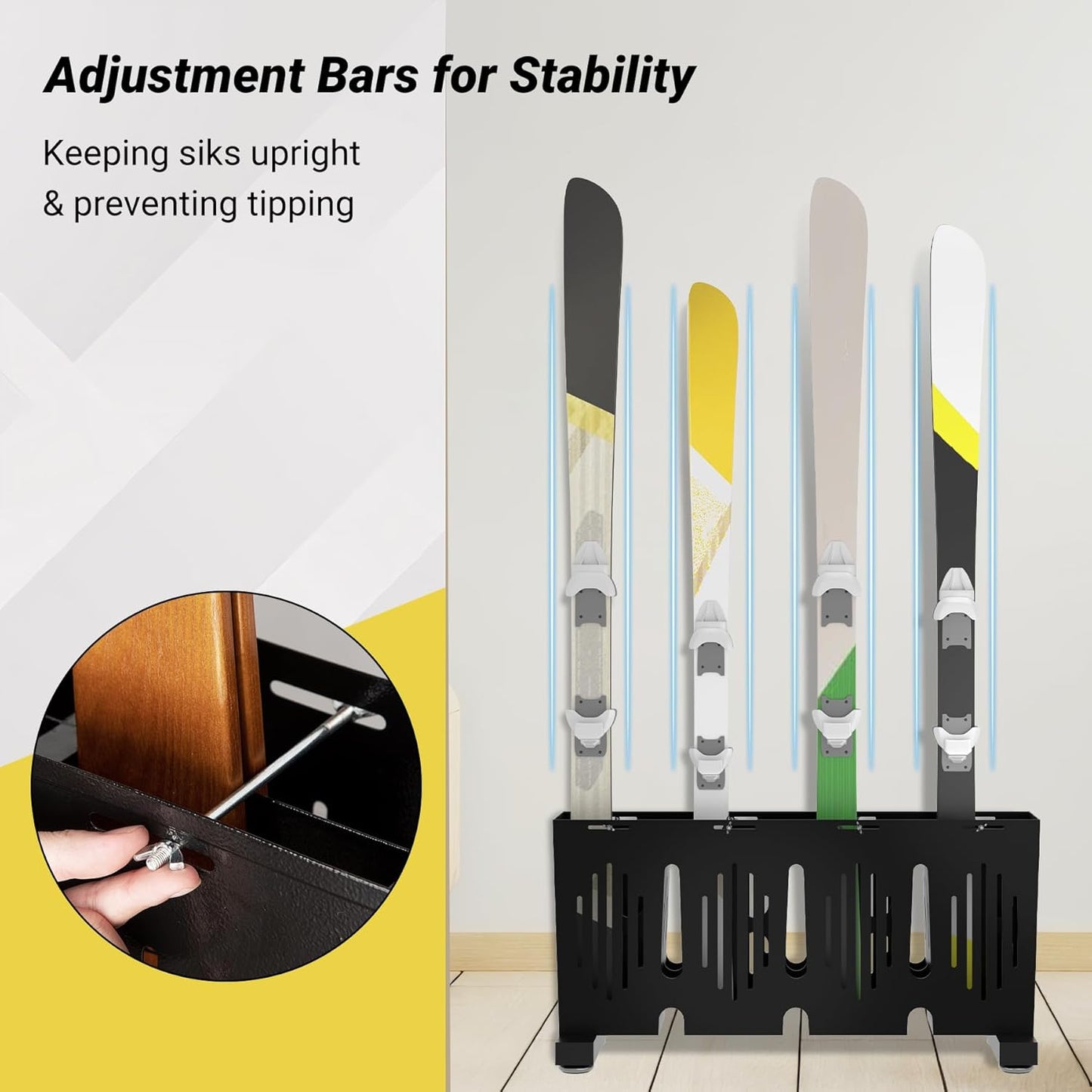 4-Pair Ski Storage Rack w/Width-Adjustable Fixing Bars, Heavy Duty Metal Freestanding Ski Rack - Ideal Organizer for Garage, Home and Store, 26" L ×10.2" W ×13.6" H