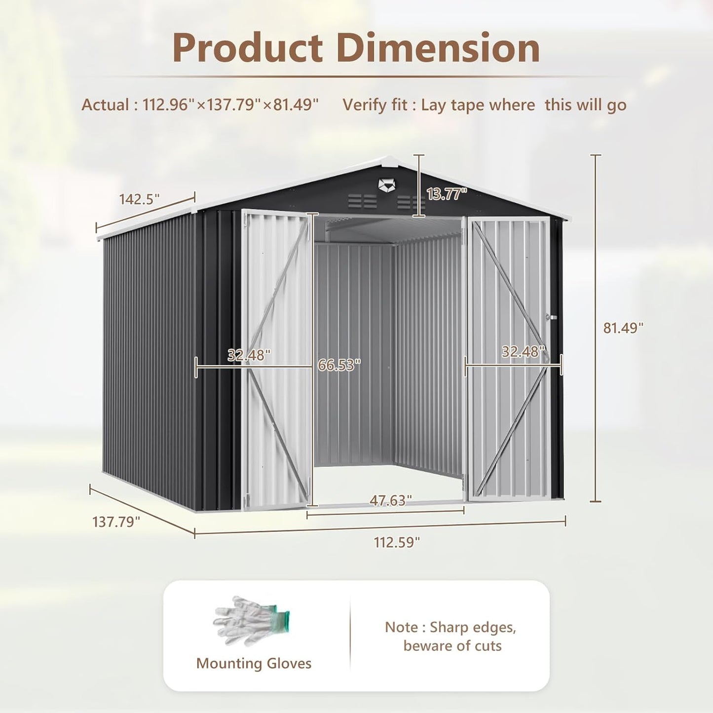 10X12 FT Outdoor Storage Shed, Metal Garden Shed - Tool Storage Sheds with Lockable Doors, Waterproof Outside Storage Building for Backyard, Patio (Black; Floor Not Included)