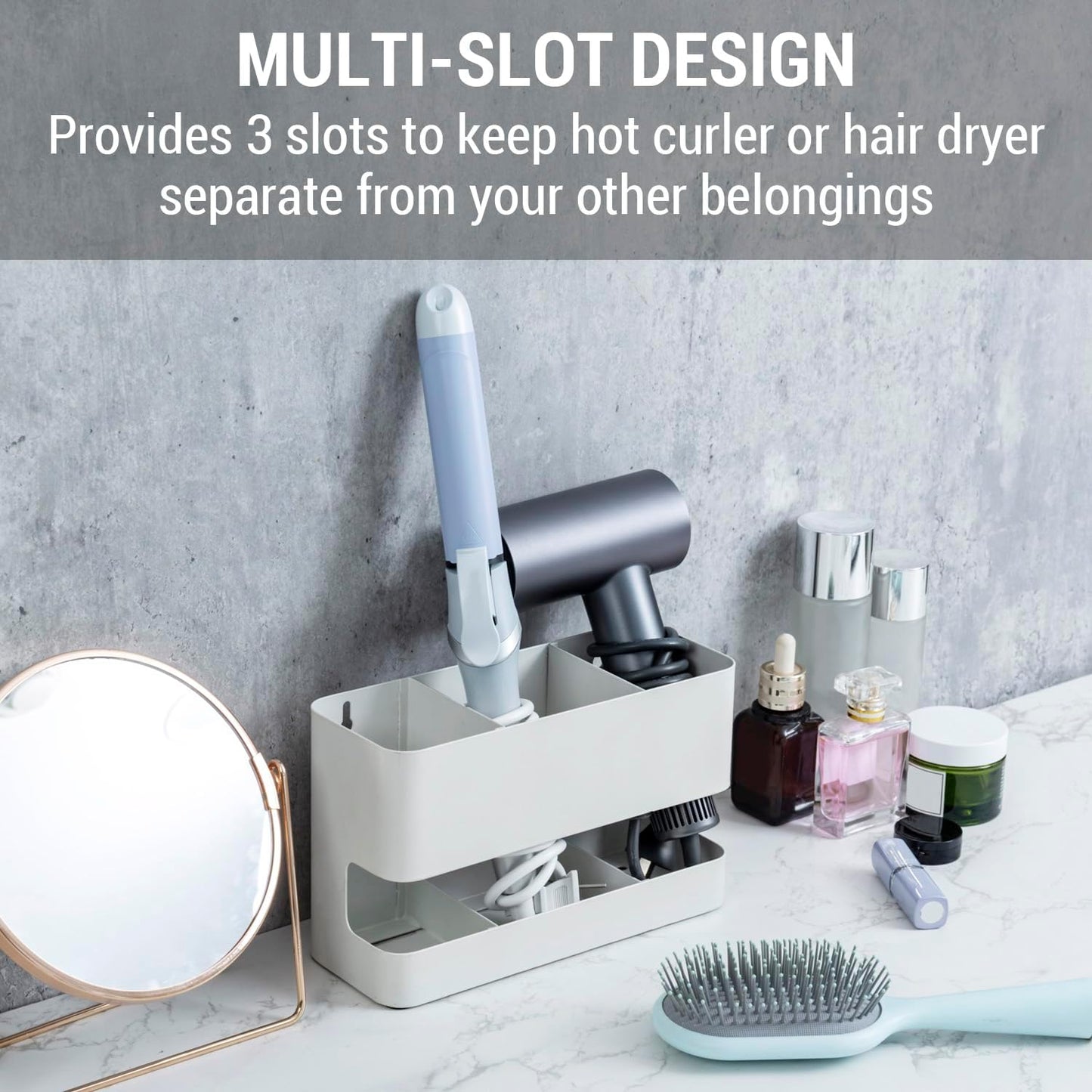 MyGift Modern Wall Mounted White Metal Hair Styling Tools and Accessories Heat Resistant Holder with 3 Slots, Salon Hot Tool Organizer Rack for Blow Dryer Straightener Curling Iron