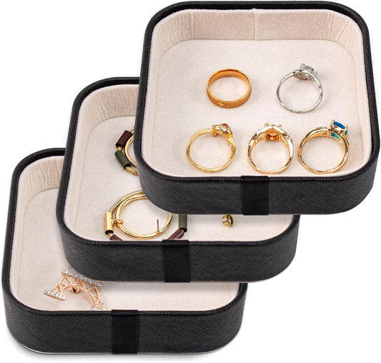 SANQIANWAN Set of 3 Small Stackable Jewelry Organizer Trays Mini Jewelry Drawer Oragnizer Small Jewelry Display Tray for Necklace Bracelet Rings Earrings and Makeup (Black)