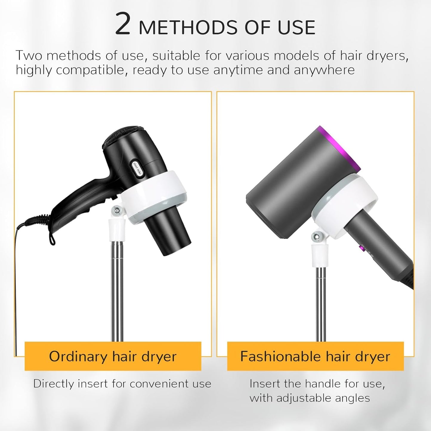 INNOLIFE Hair Dryer Stand, Adjustable Height Handsfree Hair Dryer Holder with Base, 180 Degree Rotating Floor Stand Blow Hairdryer Holder - White