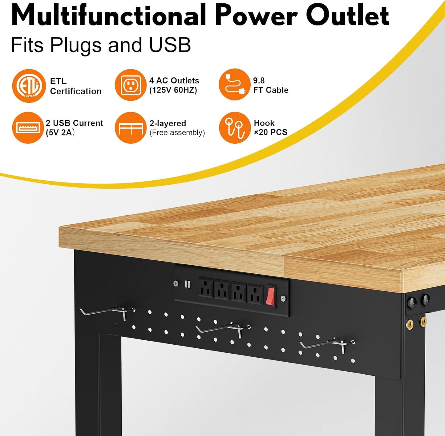 72” Adjustable Work Bench, 2-Layer Heavy Duty Workbench, 6000 LBS Capacity Workbench with Pegboard & Power Outlet, Rubber Wood Work Table for Garage, Office, Workshop, Home