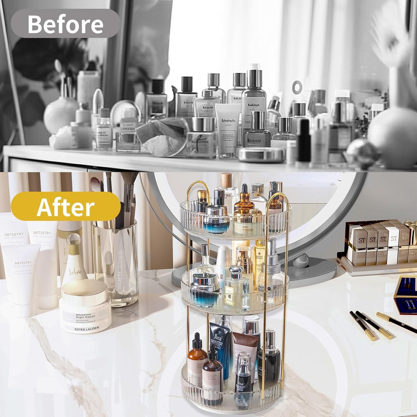 360 Rotating Makeup Organizer,3 Tier Large Capacity Make Up Organizers and Storage,Skincare Perfume Vanity Organizers,Bathroom Cosmetics Storage Organizer Countertop (Clear-3 Tier)