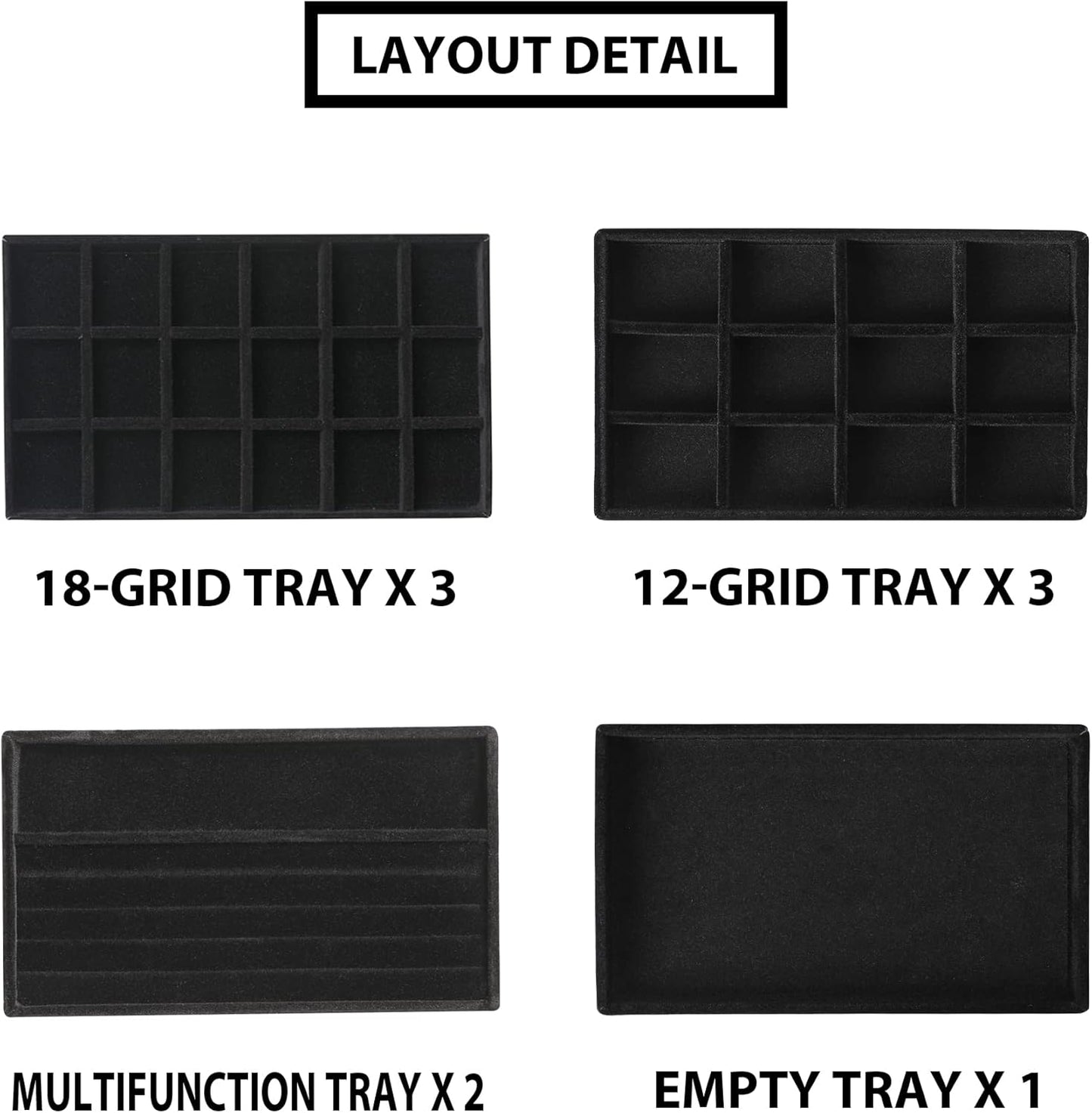 Frebeauty Jewelry Organizer Tray,Stackable Velvet Jewelry Trays,Drawer Inserts Earring Organizer For Women Jewelry Storage Display Case for Rings Stud Necklaces,Set of 9(Black)