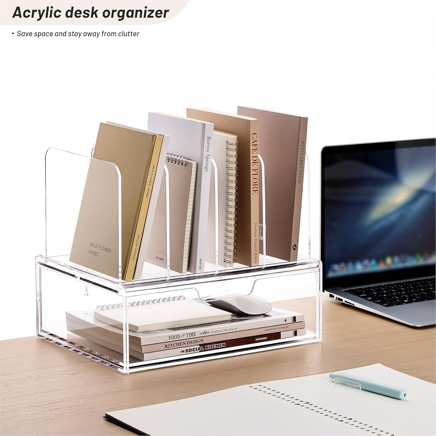 YUXUN Desk Organizer with Drawers, Acrylic File Organizer with 4 Vertical File Holders and 1 Sliding Drawer,Multifunction Desktop Accessories Storage for Home Office&School, Clear