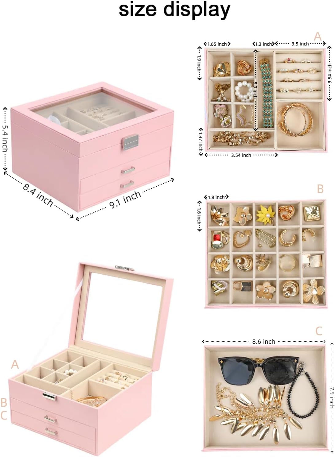BOOVO Clear Lid Jewelry Box,3 Layers Jewelry Organizer Large Multi-Functional Jewelry Storage Box with 2 Drawers,Jewelry Display Case of Rings Earrings Necklace Bracelets for Women Girls (Pink)
