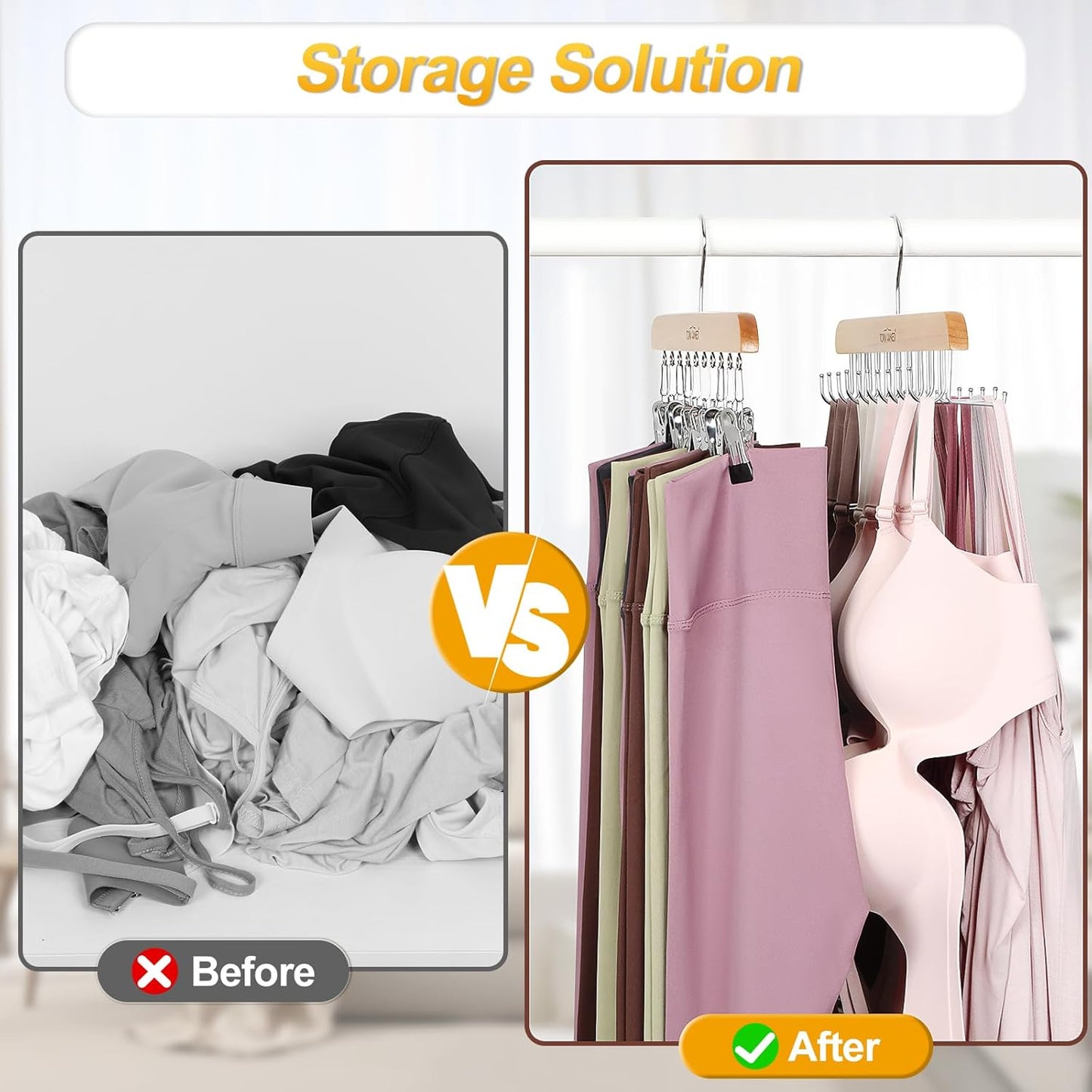 TOPIA HANGER 2 Pack Bra Hanger with 2 Pack Leggings Organizer, 2-in-1 Space Saving Hangers Neatly Store Max 40 Bras and 20 Leggings, Pants Jeans Shorts Skirt Tank Top Hanger for Closet Natural CT77N