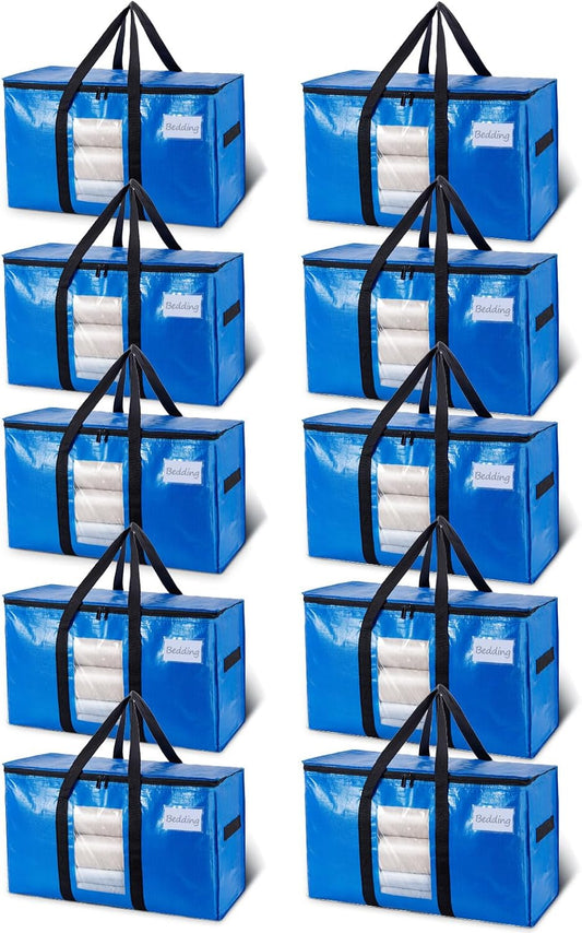 TAILI Extra Large Moving Bags, 10 Pack Blue Heavy Duty Totes for Storage with Visible Window, Wrap Around Handles, Storage Bags for Space Saving, Alternative to Moving Boxes