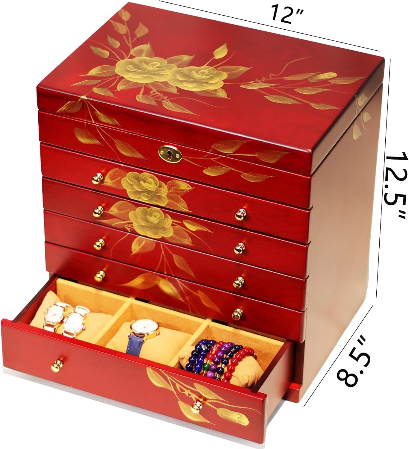 Hand-drawn rose wood jewelry box 6-Layer Jewelry Organizer for women,Large capacity jewelry storage box with lock in red color,store glasses,watches,necklaces,rings,earrings
