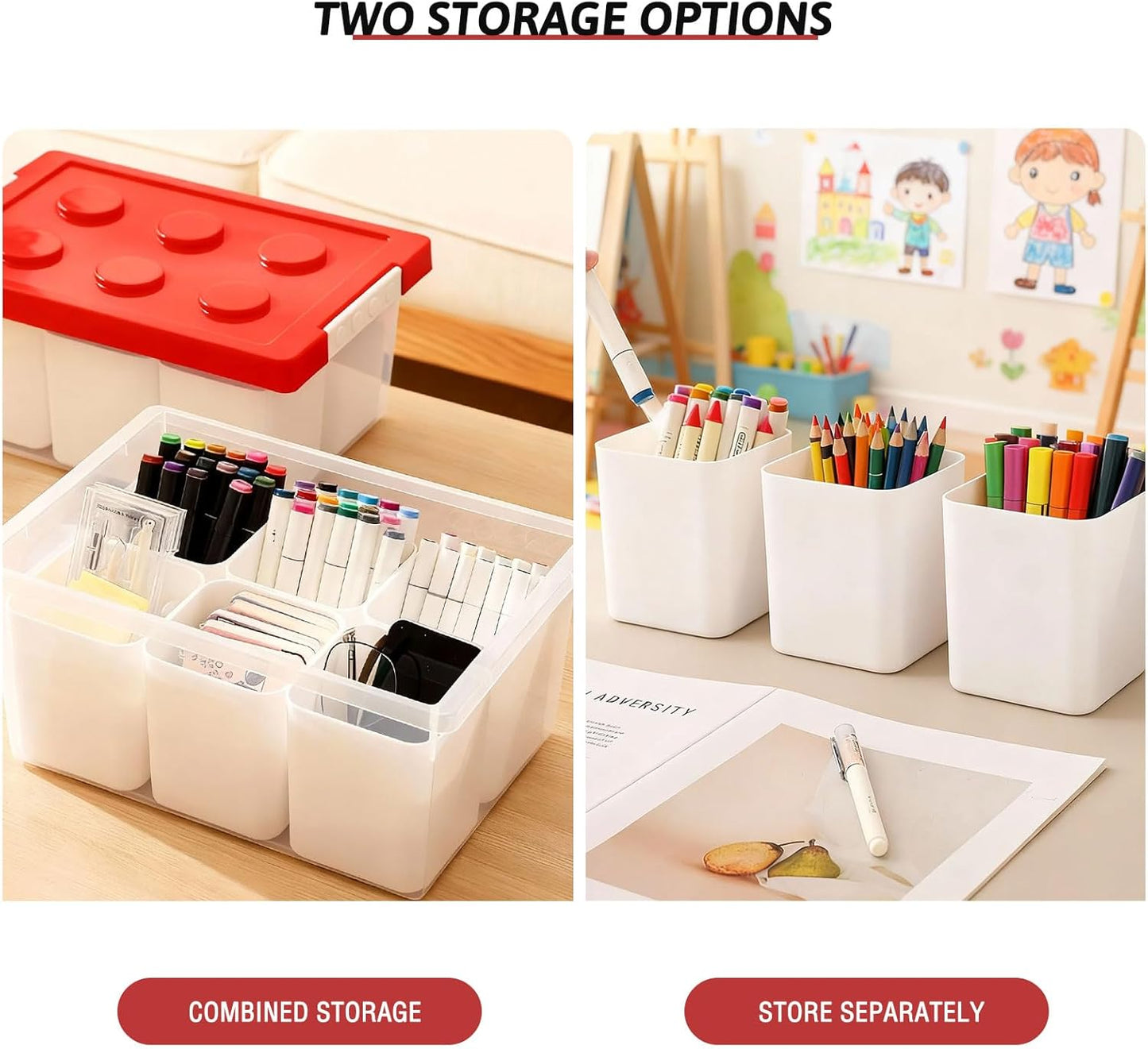 loobuu Plastic Storage Bins with Lids, Art Craft Supply Organizer Box with Brush Pot, Multipurpose Stackable Storage Containers for Organizing Tool, Craft, Crayon,Sewing (Red)