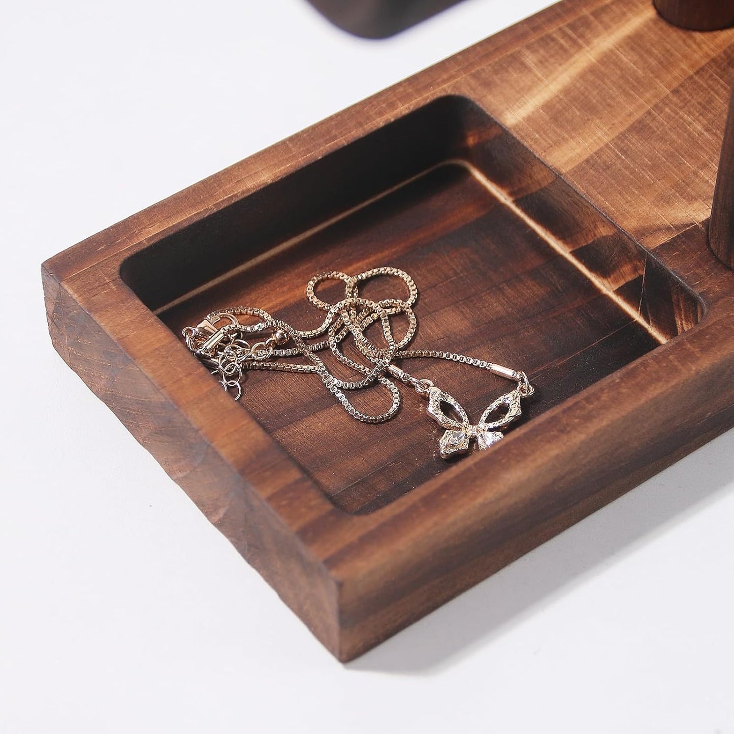 ByKen Necklace Holder,Bracelet Holder,Jewelry Organizer Stand with Earrings Rings Tray,Jewelry Holder for Scrunchie Watches (Wood)