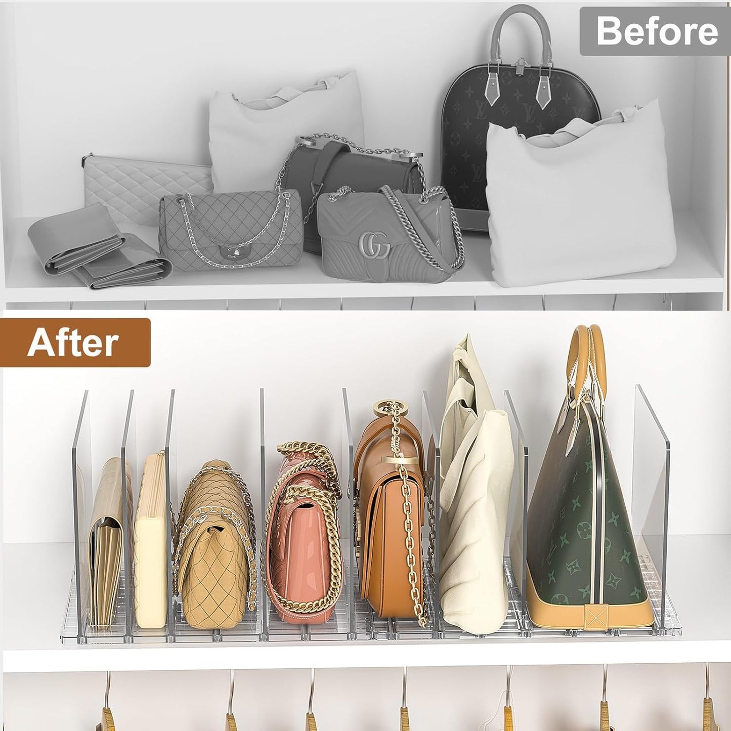 GoMaihe Bag & Purse Organizer for Closet: Adjustable Clear Handbag Storage Shelf - Plastic Clutch Dividers | Minimal | Keep Purses upright