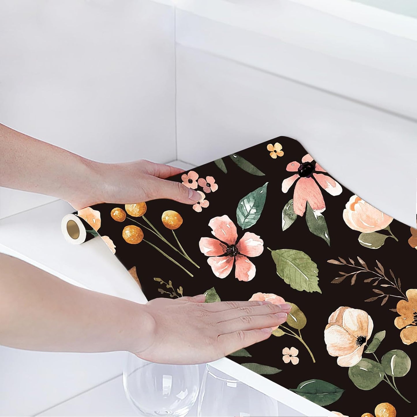 HAOKHOME Shelf Liner and Cabinet Liner Floral, Self-Adhesive Drawer Liners, Peel and Stick Contact Paper for Kitchen Cabinets and Cupboard, Non Slip Bathroom Drawers, Black 17.3in x 6.5ft