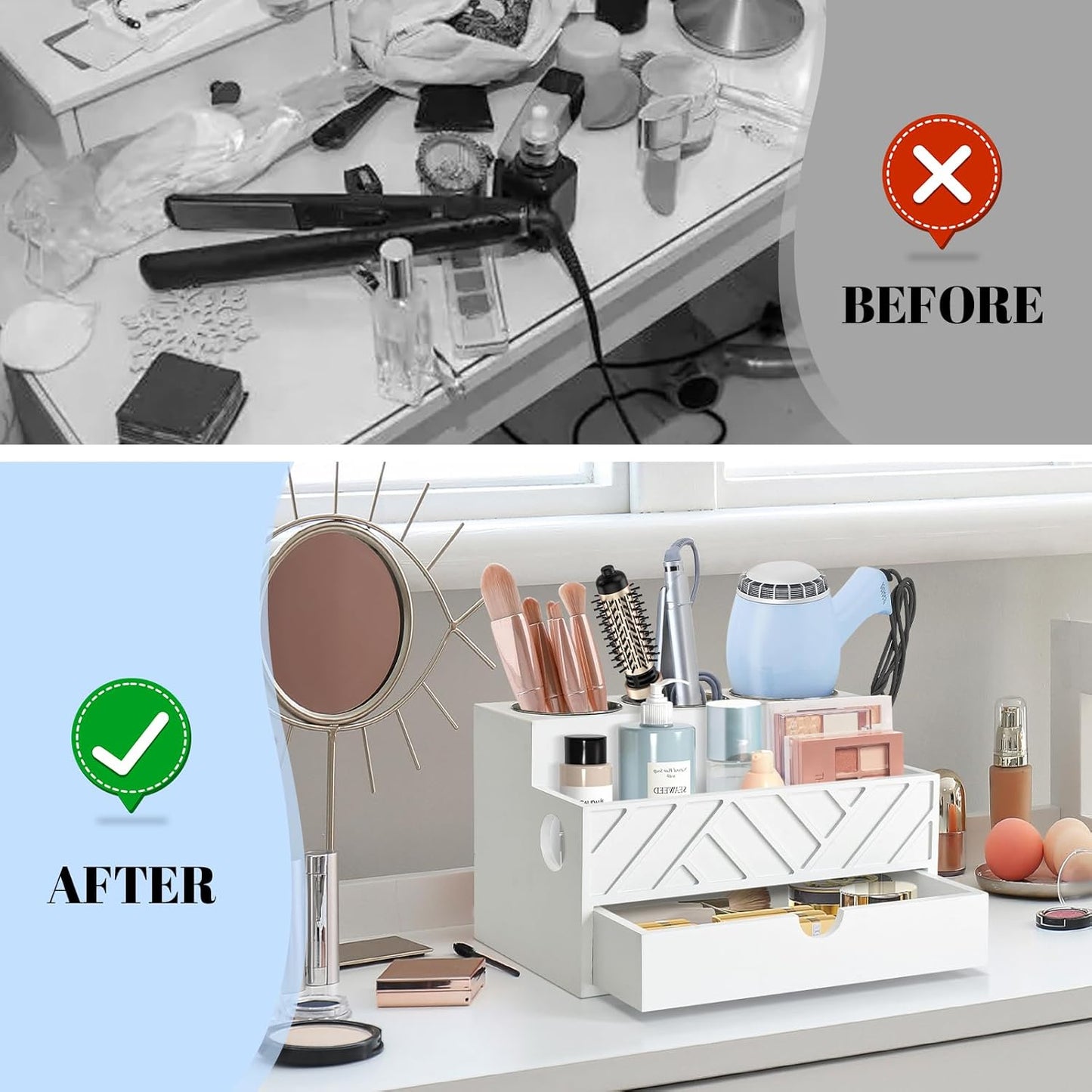 Hair Tool Organizer, Hair Dryer Holder with Drawer, Bathroom Countertop Organizer for Bathroom Accessories, Blow Dryer Organizer for Hair Styling Tools, Vanity Organizer for Bathroom, Vanity, Kitchen