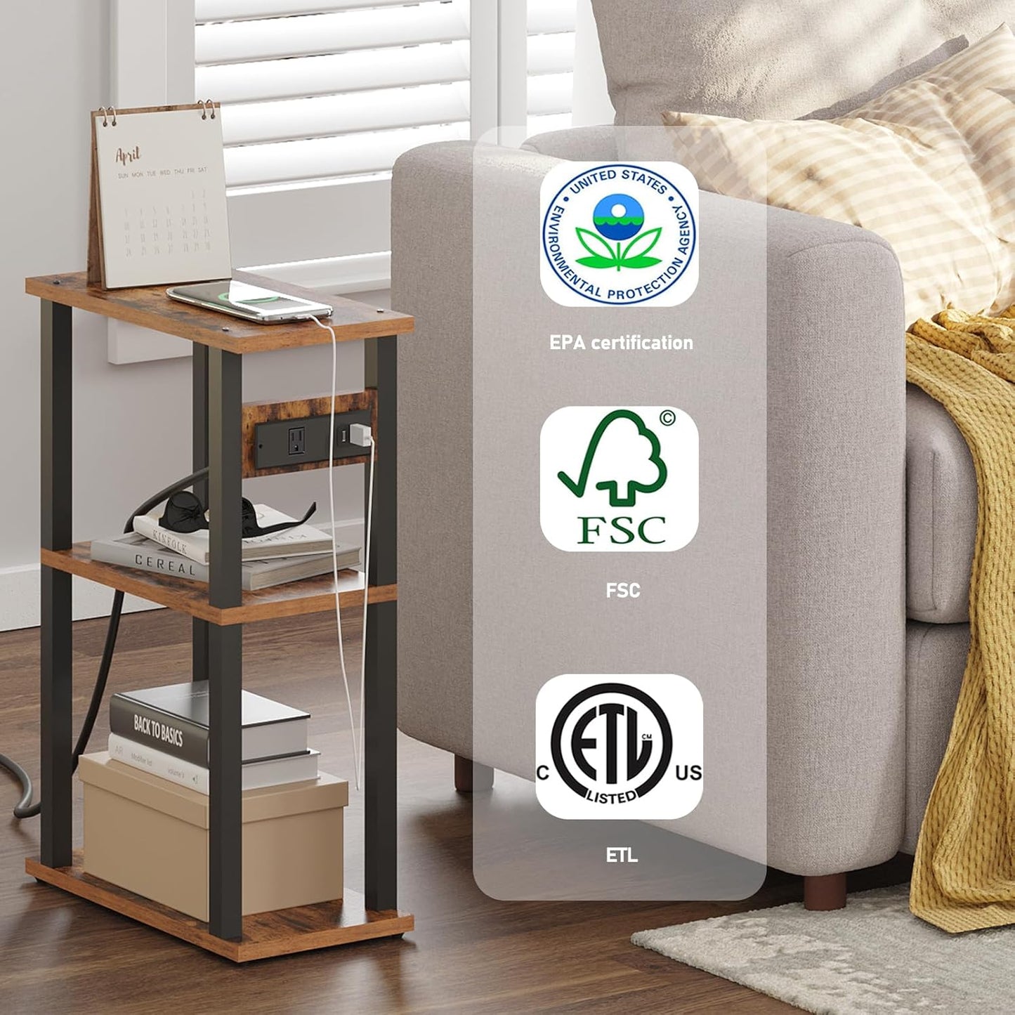 TUTOTAK Small Narrow Side Table with Charging Station, Skinny End Table for Small Spaces, Slim Nightstand with USB Ports and Outlet, Sofa Beside Table with Wheels, Brown TB01BB046