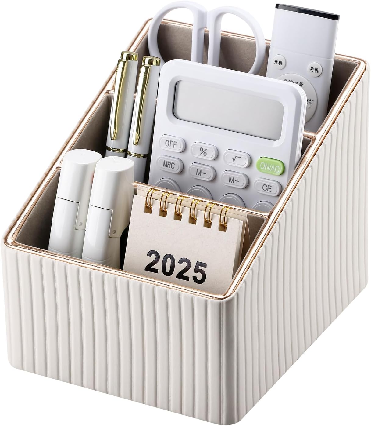 KINGFOM Remote Control Holder with 3 Compartments, Pu Leather Remote Caddy Desktop Organizer for TV, CD, Blu-Ray, Media Player, Heater Controllers and Cosmetics Office Supplies Light Beige