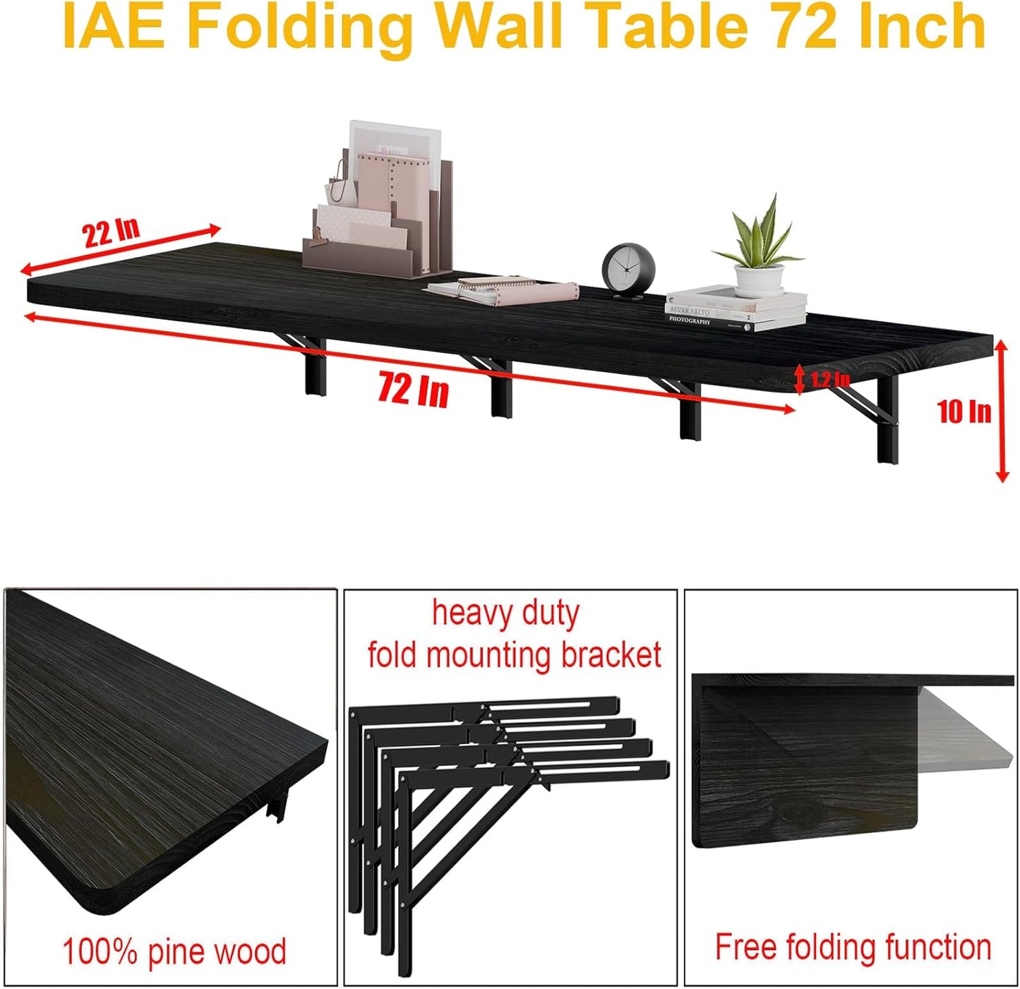 IAE Floating Wall Mounted Folding Table Desk with Pine Wood,72" x 22" Foldable Workbench,Fold Down Wall Mounted Foldable Desk with Shelf Brackets,Laundry Folding Table for Home,Dining,Kitchen,Black