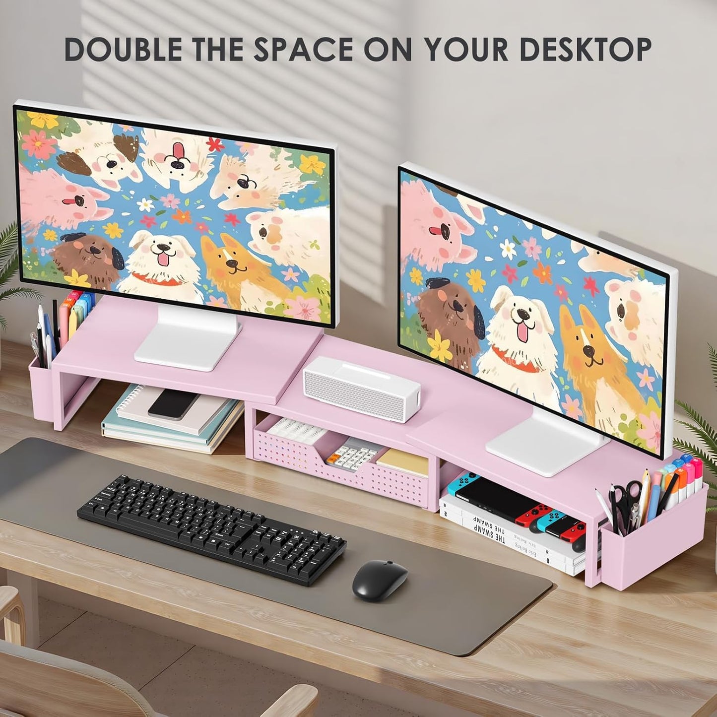 OPNICE Pink Desk Organizers and Accessories for Women, Dual Computer Monitor Stand Riser with Drawer and 2 Pen Holders, Office Desk Accessories, Workspace Desktop Organization for Office Supplies