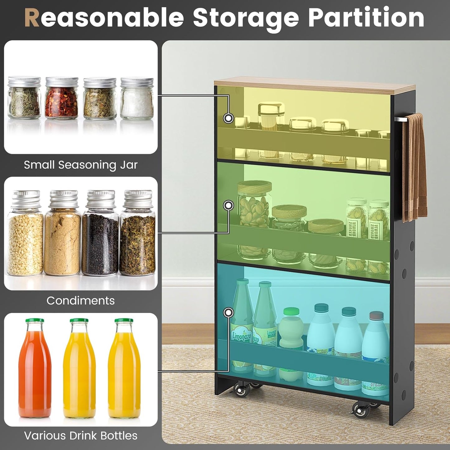 MAT EXPERT Slim Rolling Storage Cart, 4-Tier Freestanding Slim Storage Cart with Wheels 360 Degree & Metal Handle, Wooden Utility Cart for Narrow Kitchen, Laundry Room, Bathroom (Black + Natural)