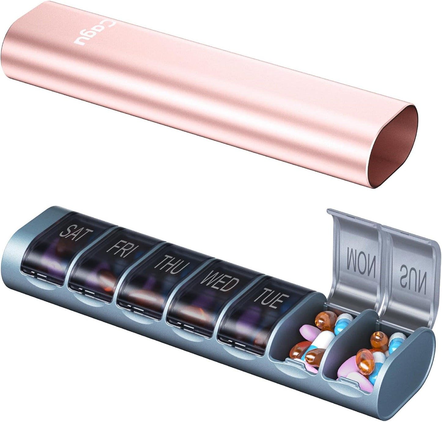 Weekly Pill Organizer, 7-Day Aluminum Case with Pop-up Design,Arthritis Friendly, Large Capacity for Vitamins Supplements and Medication, BPA Free (Rose Gold)