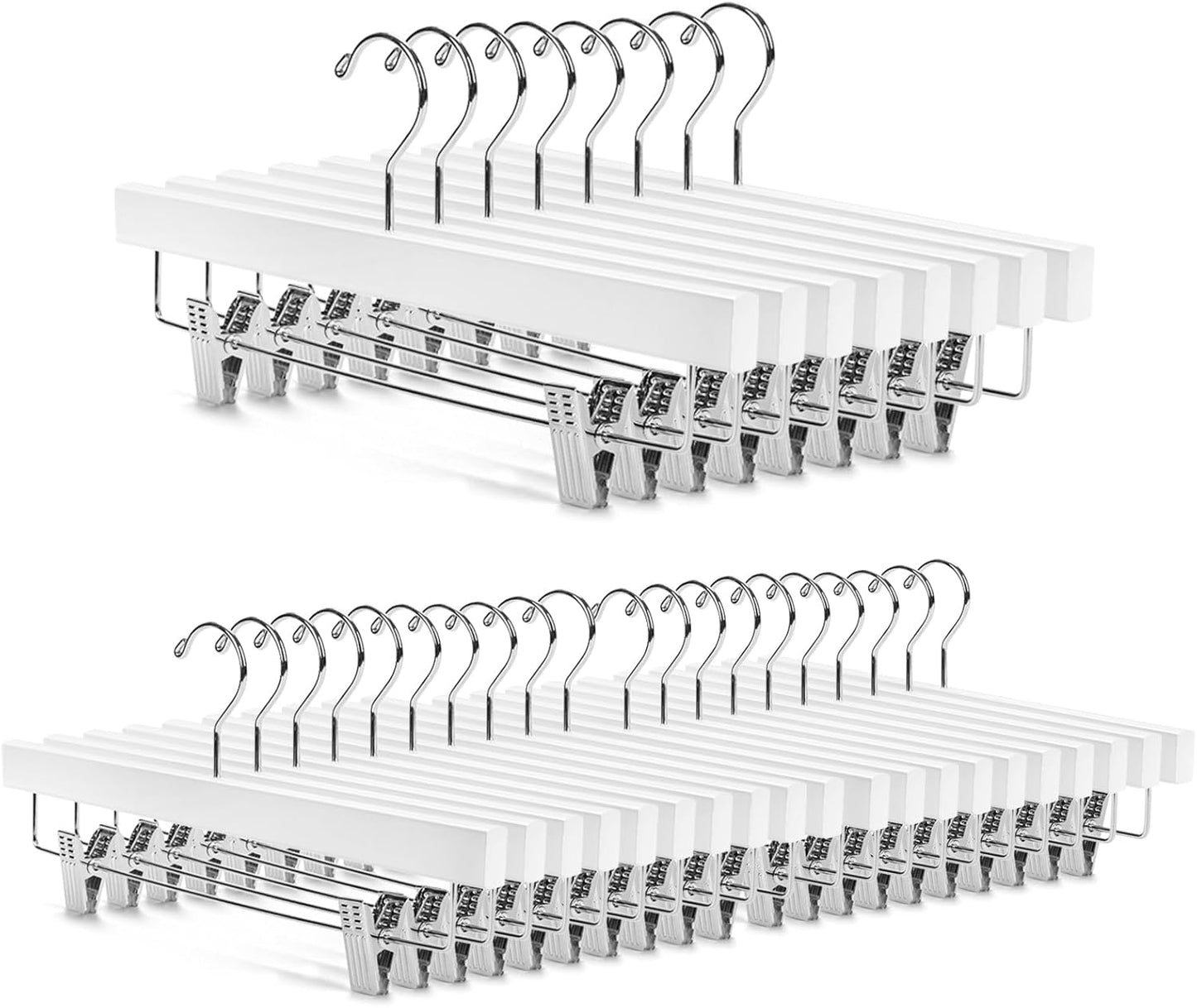 Nature Smile Deluxe Wooden Pants Hangers, Solid Lotus Wood, with Clips, Pack of 28, White