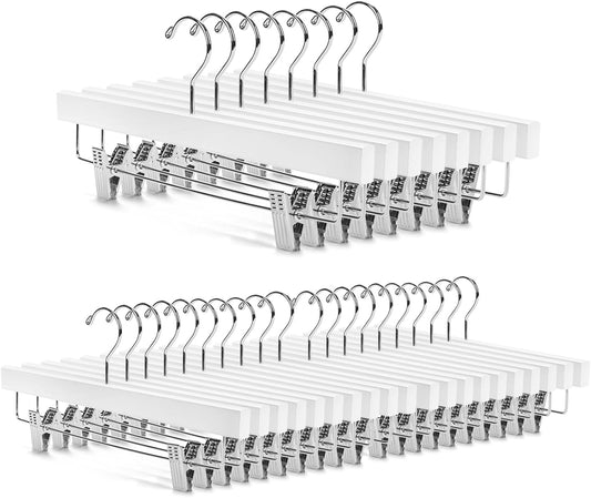 Nature Smile Deluxe Wooden Pants Hangers, Solid Lotus Wood, with Clips, Pack of 28, White