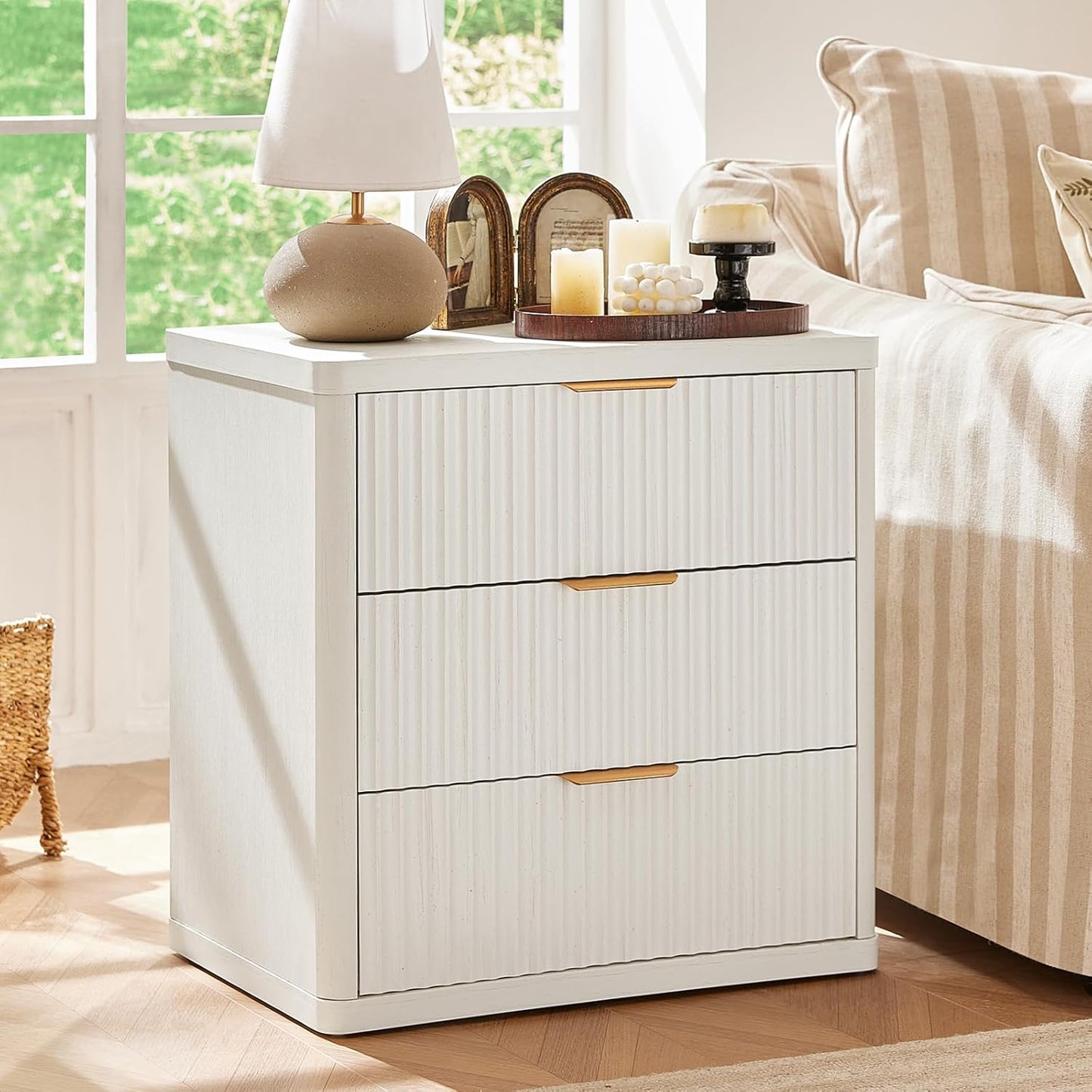 LEYAOYAO 23" Wide Fluted Night Stand with Charging Station,3 Drawers Large End Table with Storage,White Nightstand Wood Bedside Tables, Farmhouse Cabinet Dresser for Bedroom,Closet