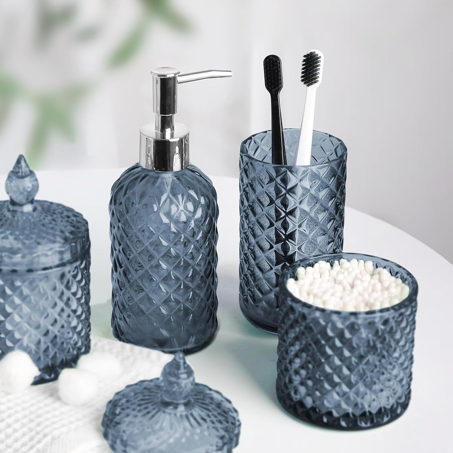 Blue Bathroom Accessories Set, 4 Pack Light Blue Bathroom Decor Accessory Sets Complete, Diamond Glass Soap Dispenser and Toothbrush Holder Set for Bath Counter Organizer Essentials