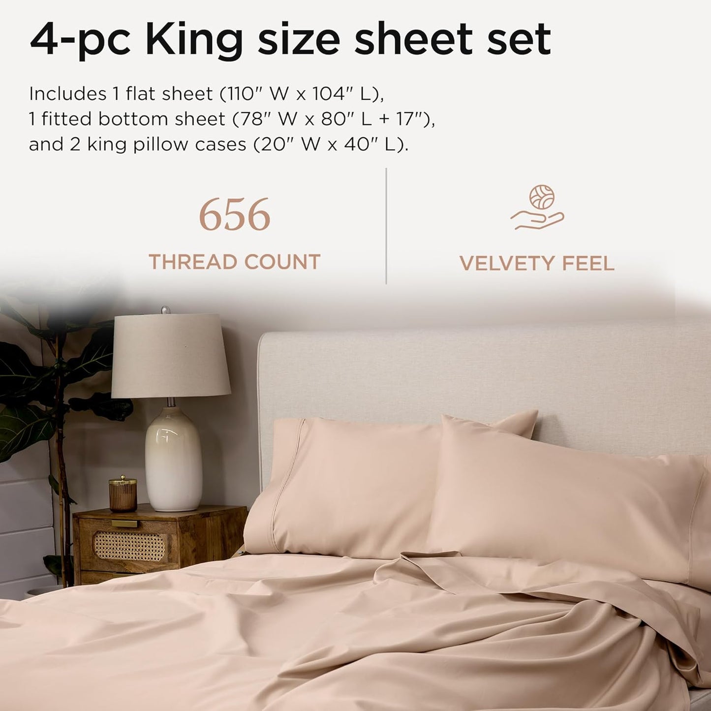 Threadmill American Supima King Size Sheets Set | 656 Thread Count 4 Piece Luxury Bed Sheets for King Size Mattress | 5 Star Hotel Quality Sheets with Elasticized Extra Deep Pocket | Beige Sheets