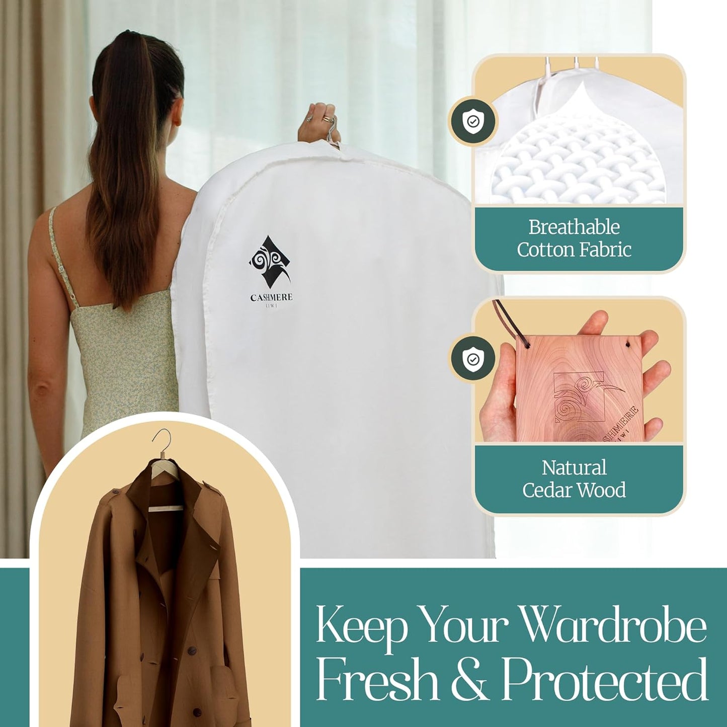 Premium 60” Cotton Garment Bag For Hanging Clothes And Storage | Wide 6” Gusset & 4 Cedar Blocks For Fresh Smell And Clothes Protection | Best For Fur Coats, Long Dresses, Gowns, Tuxedos and more