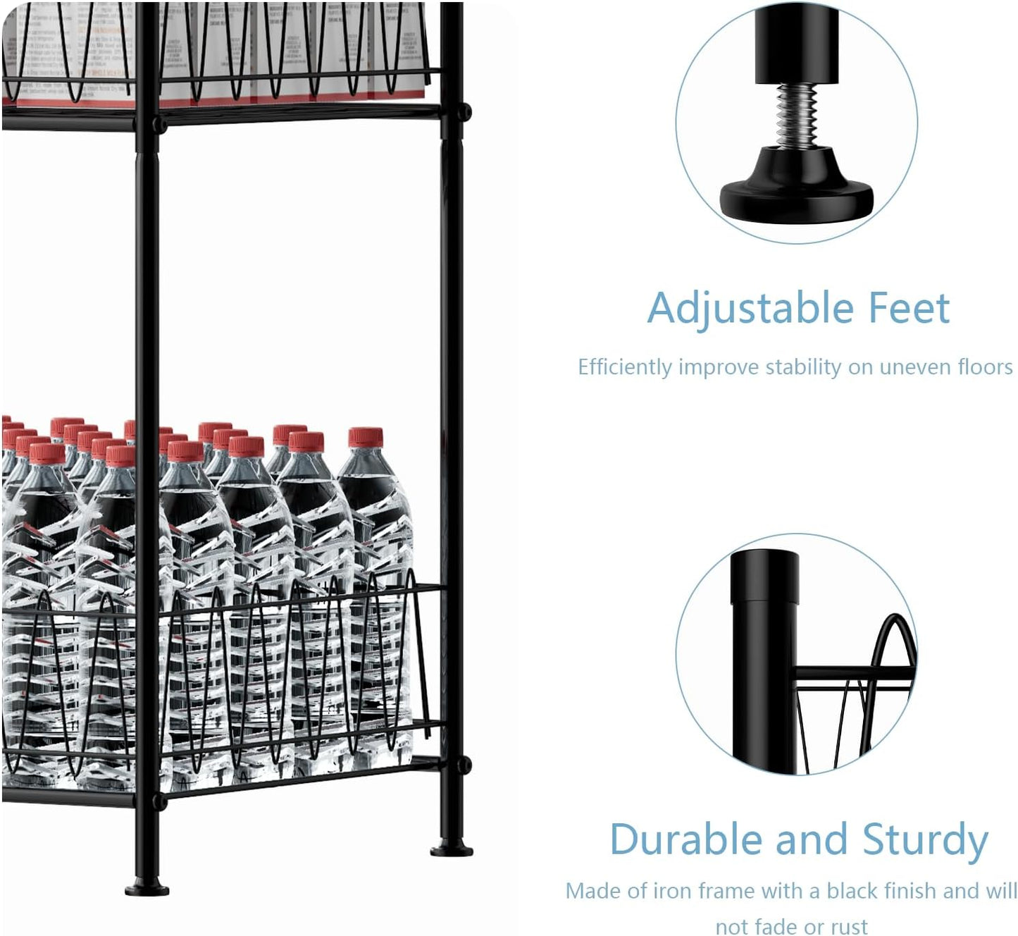 smusei Water Bottle Organizer Rack 4 Tier Free Standing Bottled Water Storage Organizer for Floor, Metal Beverage Soda Can Dispenser Shelf Holder Stand for Kitchen Pantry Office, Black