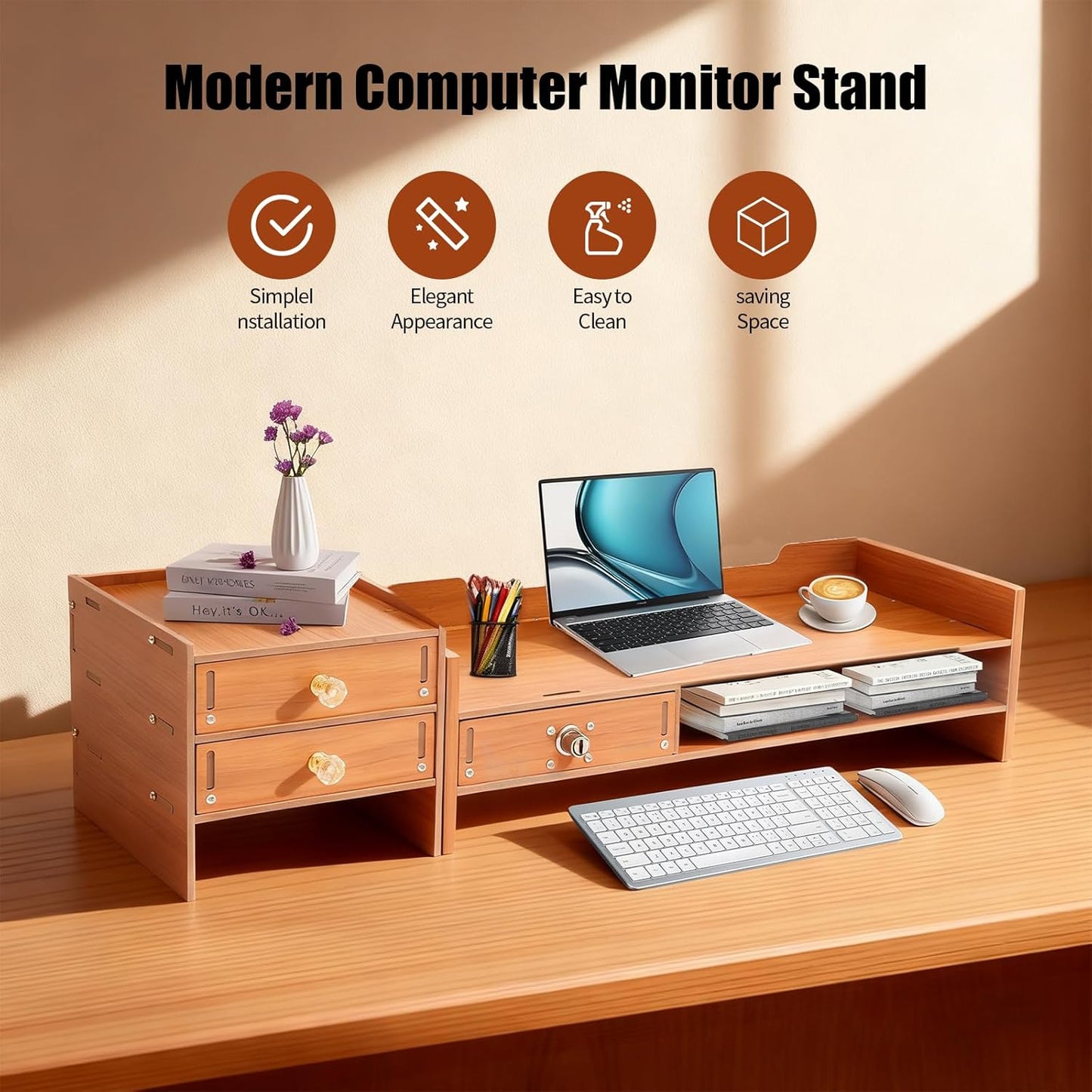 Wood Monitor Stand Riser with 3 Drawers & Lockable Storage – Desktop Organizer for Computer, Laptop, and Office Supplies, Ergonomic Monitor Stand for Desk, Workspace Organizers & Accessories