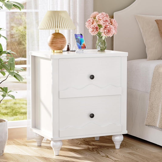 Cyclysio Nightstand with Charging Station, Side End Table with 2 Drawers, Modern Wood Night Stand with Scalloped Pattern for Bedroom, Bedside Night Tables with Solid Wood Gourd Legs